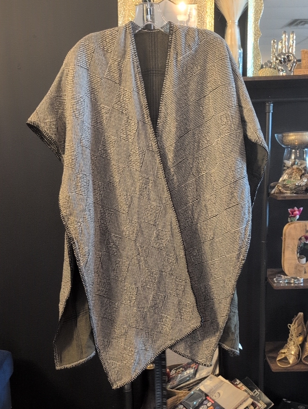 J. Crew Reversible Green Plaid And Black And Ivory Checked Poncho Shrug
